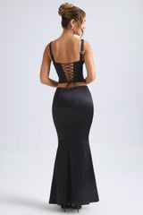 Mid-Rise Fishtail Maxi Skirt in Black