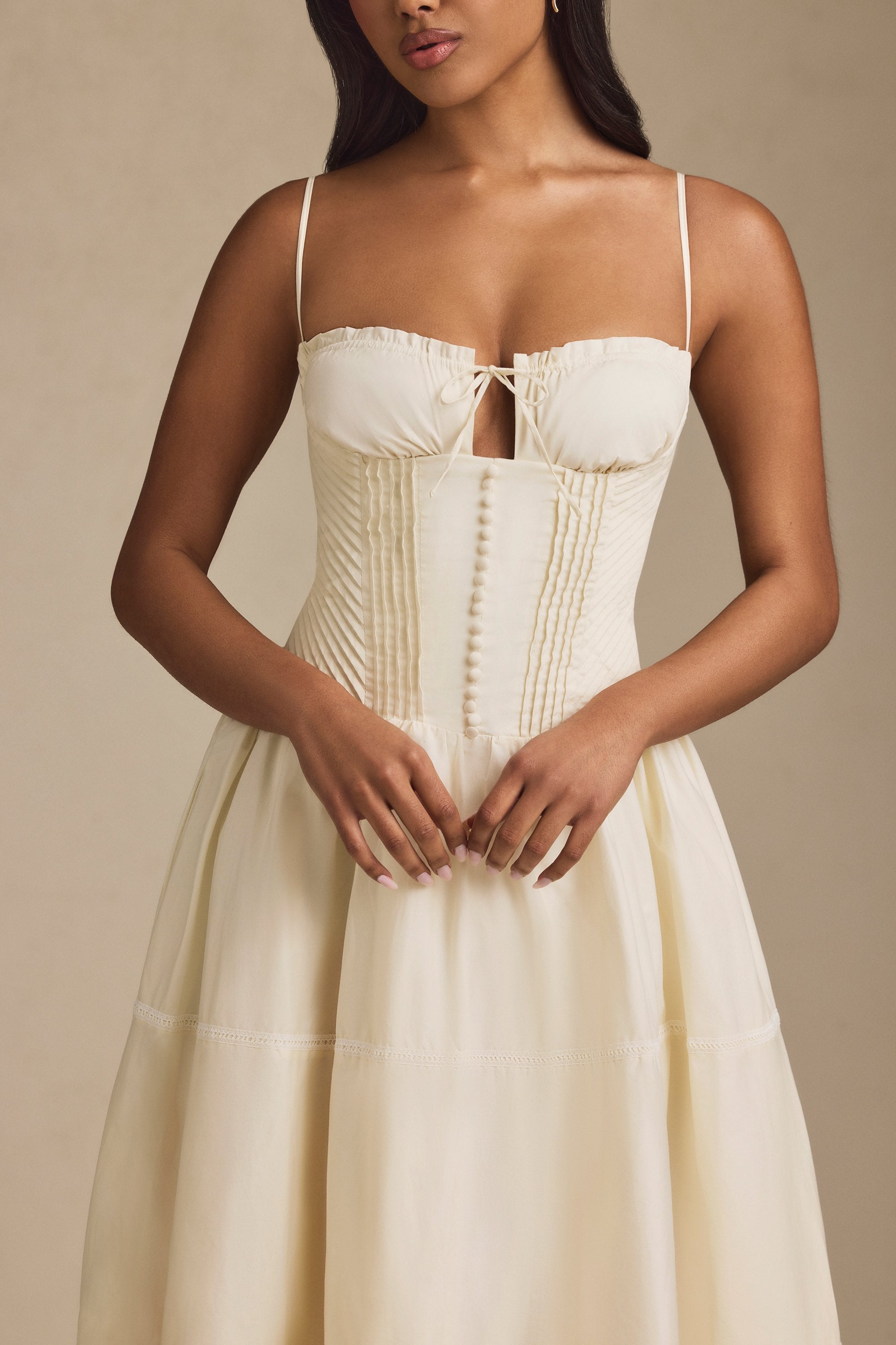Lace-Trim Pintucked Poplin Midaxi Dress in Ivory